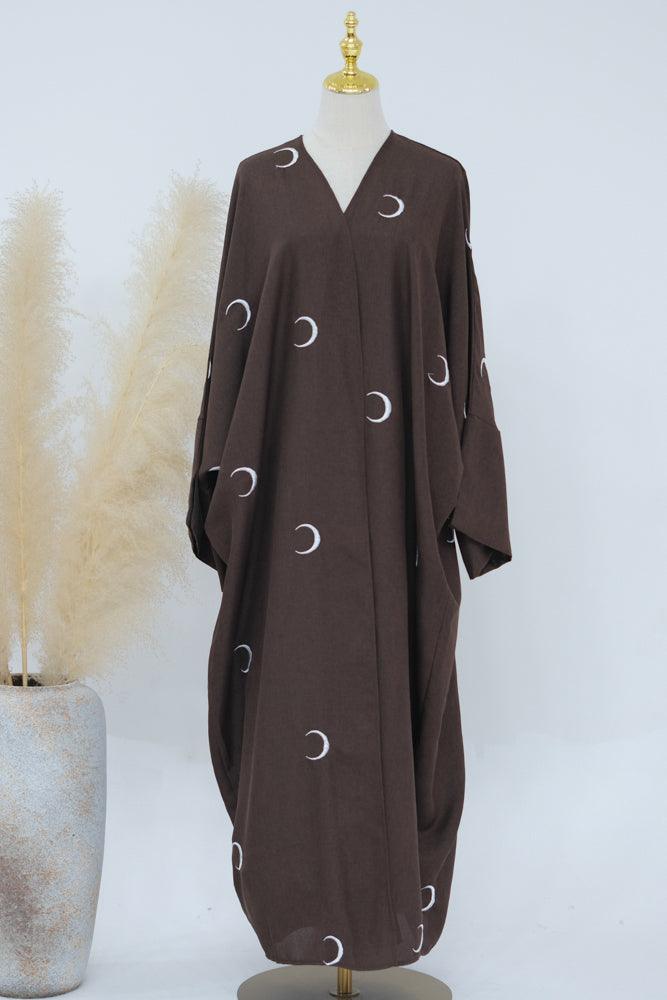 Ay Ramadan brown open front abaya throw-over with moon embroidery in light breathable fabric - ANNAH HARIRI
