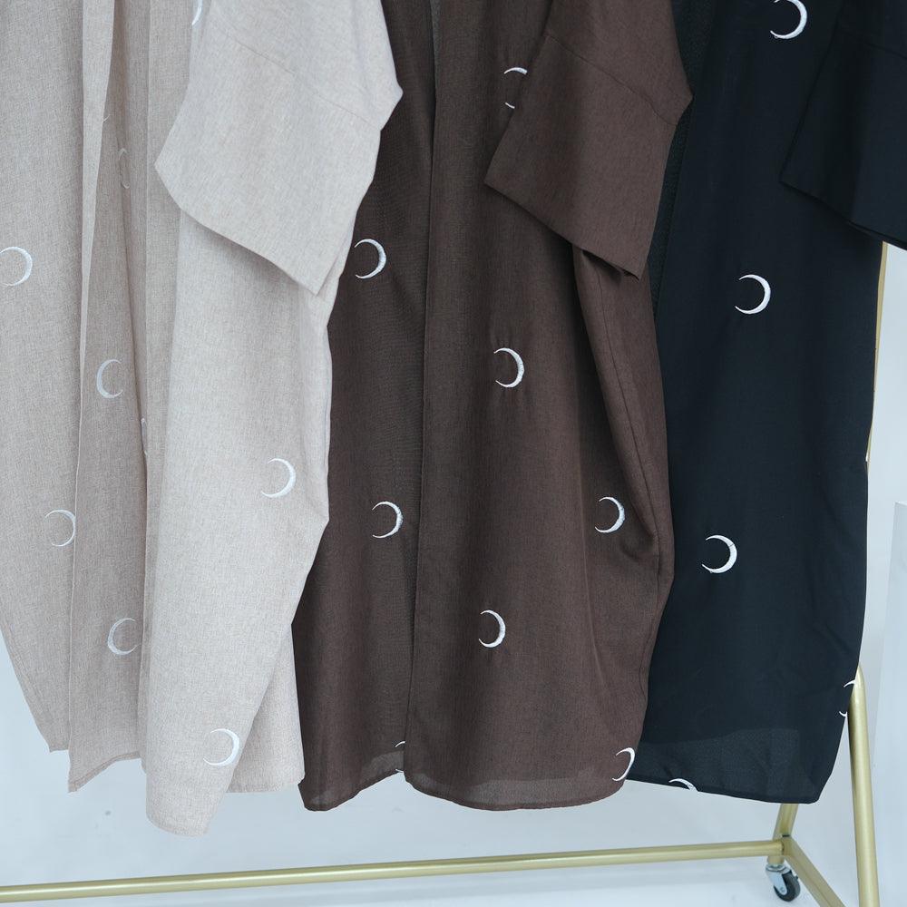 Ay Ramadan brown open front abaya throw-over with moon embroidery in light breathable fabric - ANNAH HARIRI