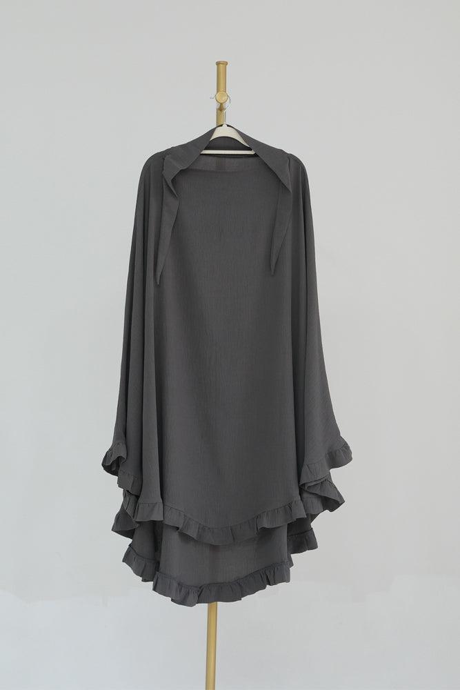 Ayman One Layer Ruffle Edge Khimar Hijab in Dark Gray - ANNAH HARIRI
