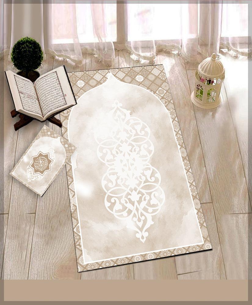 Ayoosh Beige Prayer Rug Muslim Mat Islamic Sajadah for Kids Men Women with Quran Box for Eid Travel Ramadan Soft Luxury Pin - ANNAH HARIRI