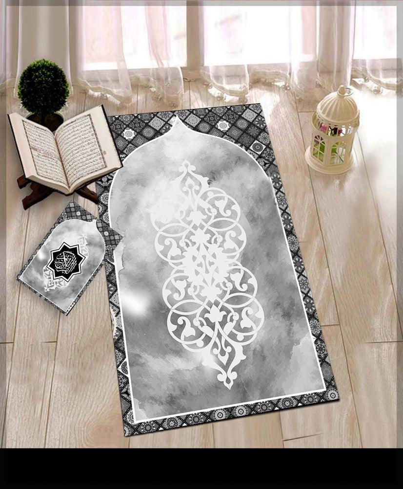 Ayoosh Dark Grey Prayer Rug Muslim Mat Islamic Sajadah for Kids Men Women with Quran Box for Eid Travel Ramadan Soft Luxury Pin - ANNAH HARIRI
