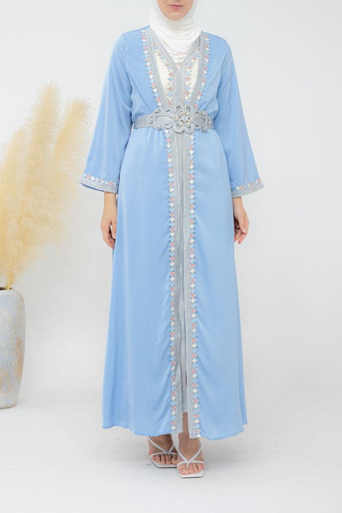Bekka kaftan set with an embroidered slip dress blue throw over and detachable belt - ANNAH HARIRI