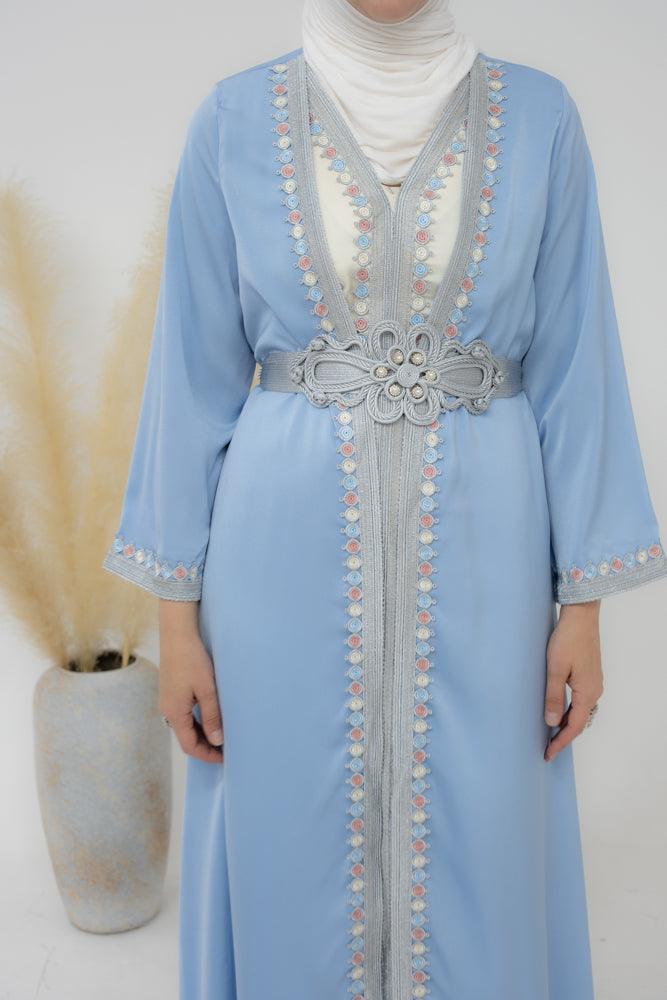 Bekka kaftan set with an embroidered slip dress blue throw over and detachable belt - ANNAH HARIRI