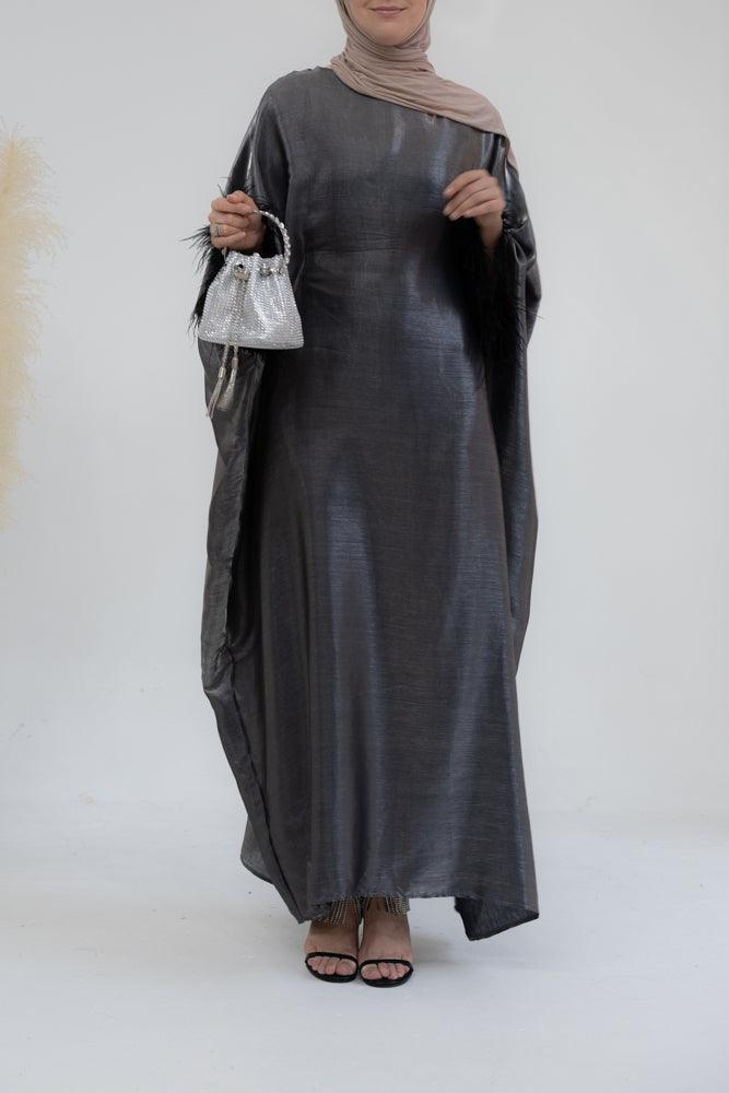 Bjorka evening abaya batwing cut with feather detailing in Grey - ANNAH HARIRI