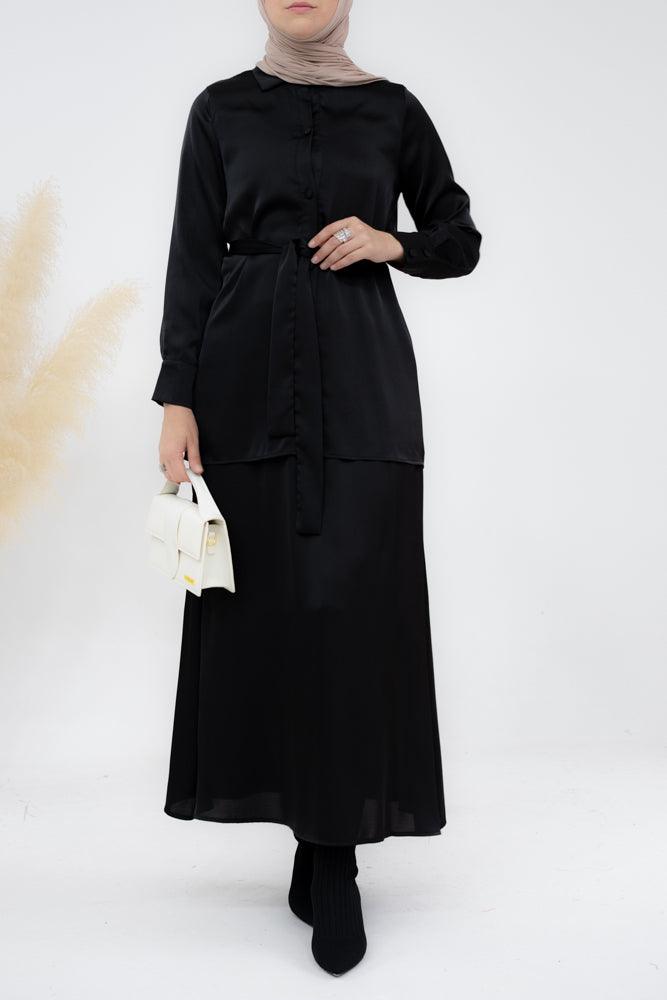 Black Blouse Skirt Modest set maxi skirt with elasticated waistband maxi sleeve buttoned shirt with a detachable belt - ANNAH HARIRI