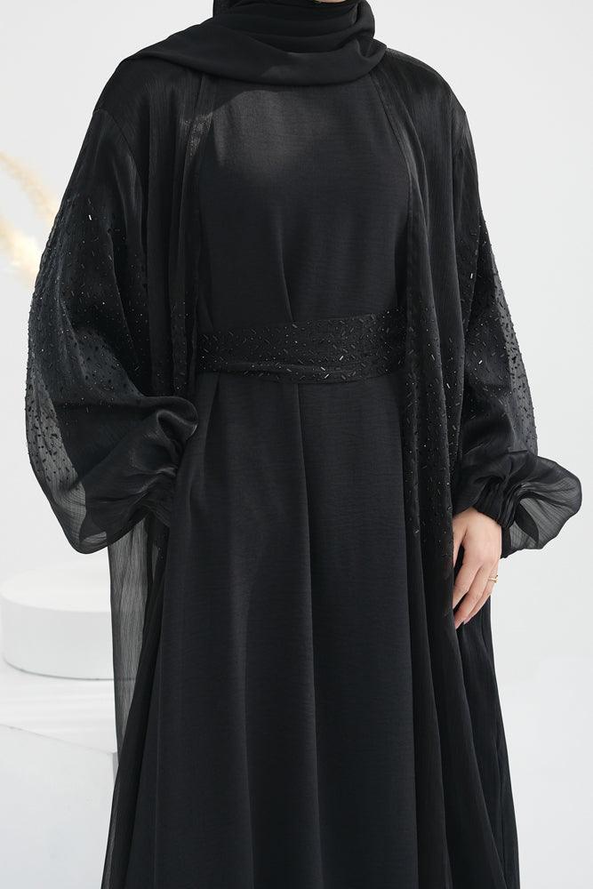 Black Maret embroidered faux organza open front abaya with a detachable belt - ANNAH HARIRI