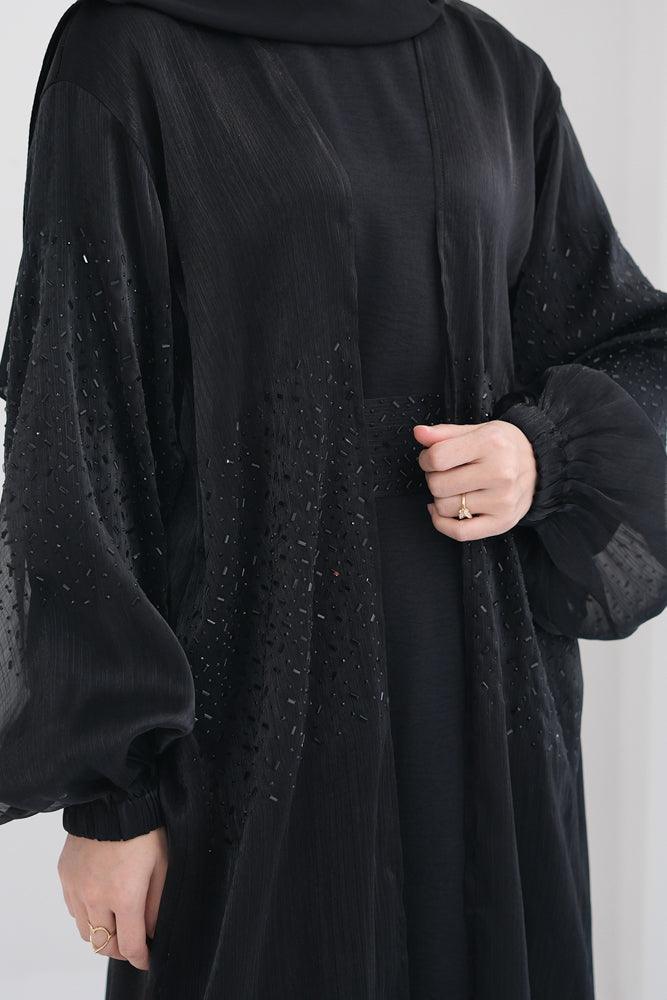 Black Maret embroidered faux organza open front abaya with a detachable belt - ANNAH HARIRI