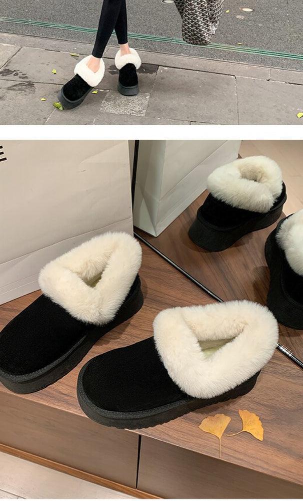 Black UrbanSole White Fur Women's Winter Snow Boots Slip-on Warm Outdoor Indoor House Shoes - ANNAH HARIRI