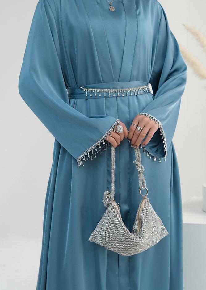 Blue Al Sheikha classic abaya throw over with embellished sleeves and belt - ANNAH HARIRI