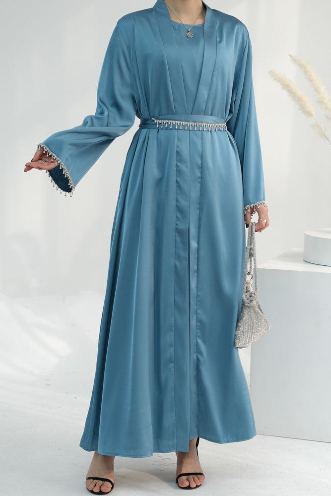 Blue Al Sheikha classic abaya throw over with embellished sleeves and belt - ANNAH HARIRI