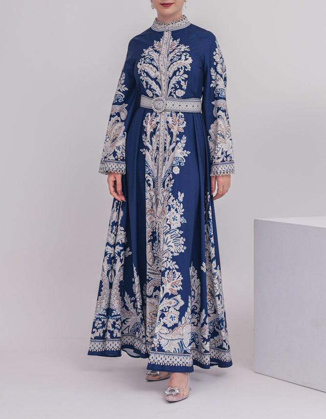 Blue Garden Women's Casual Spring Summer Boho Floral Print Dress High Neck Long Sleeve High Waist Belt Long Maxi - ANNAH HARIRI