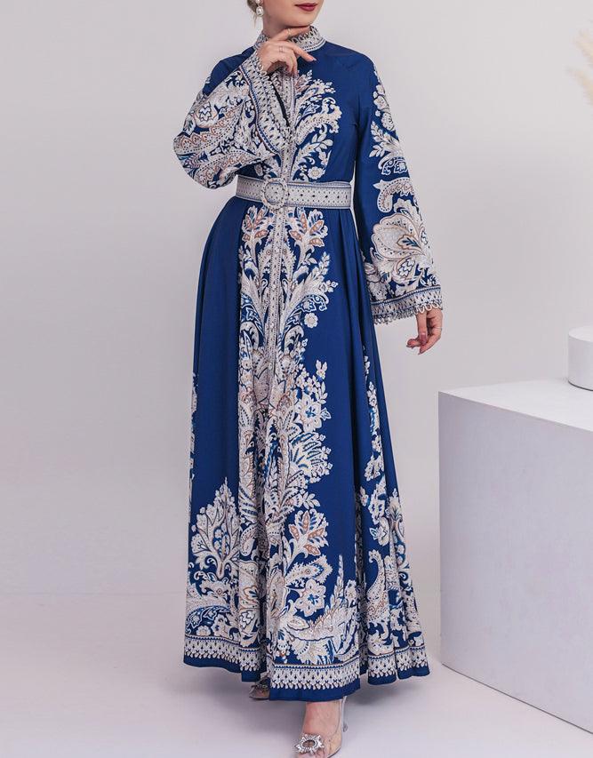 Blue Garden Women's Casual Spring Summer Boho Floral Print Dress High Neck Long Sleeve High Waist Belt Long Maxi - ANNAH HARIRI