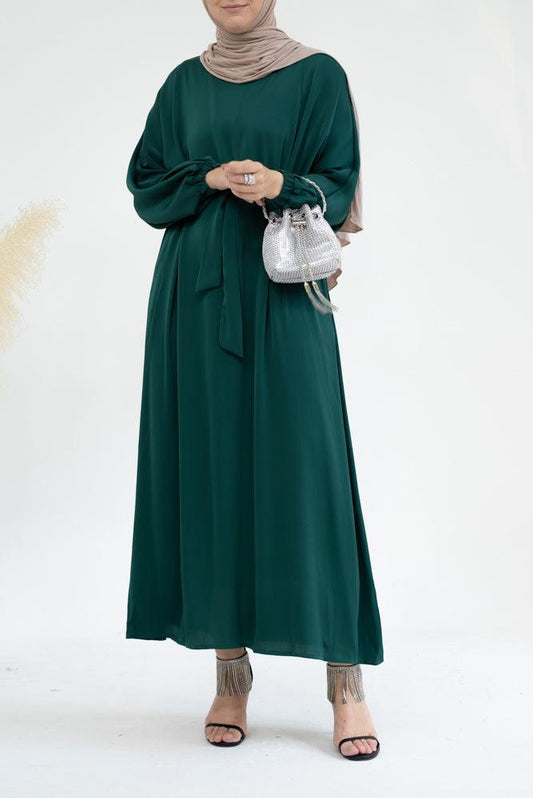 Brontei satin plain abaya dress with long elasticated sleeves and belt in Dark Green - ANNAH HARIRI