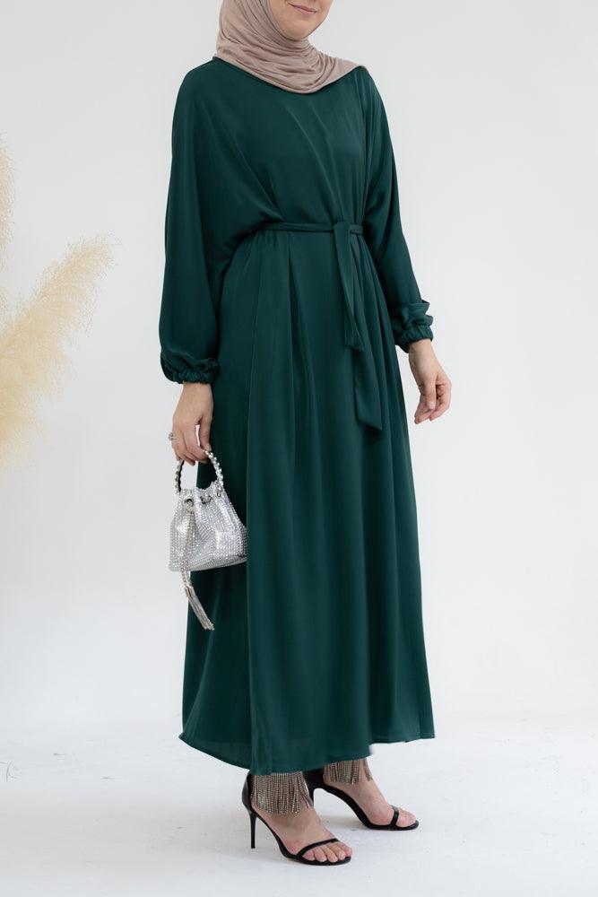 Brontei satin plain abaya dress with long elasticated sleeves and belt in Dark Green - ANNAH HARIRI