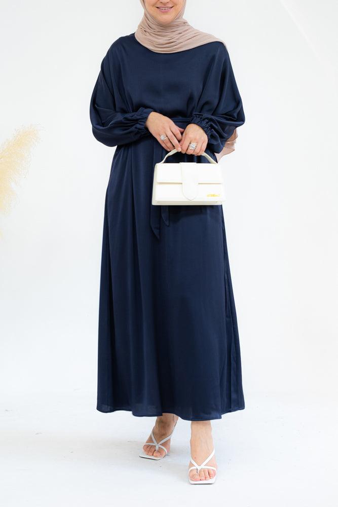 Brontei satin plain abaya dress with long elasticated sleeves and belt in Navy - ANNAH HARIRI