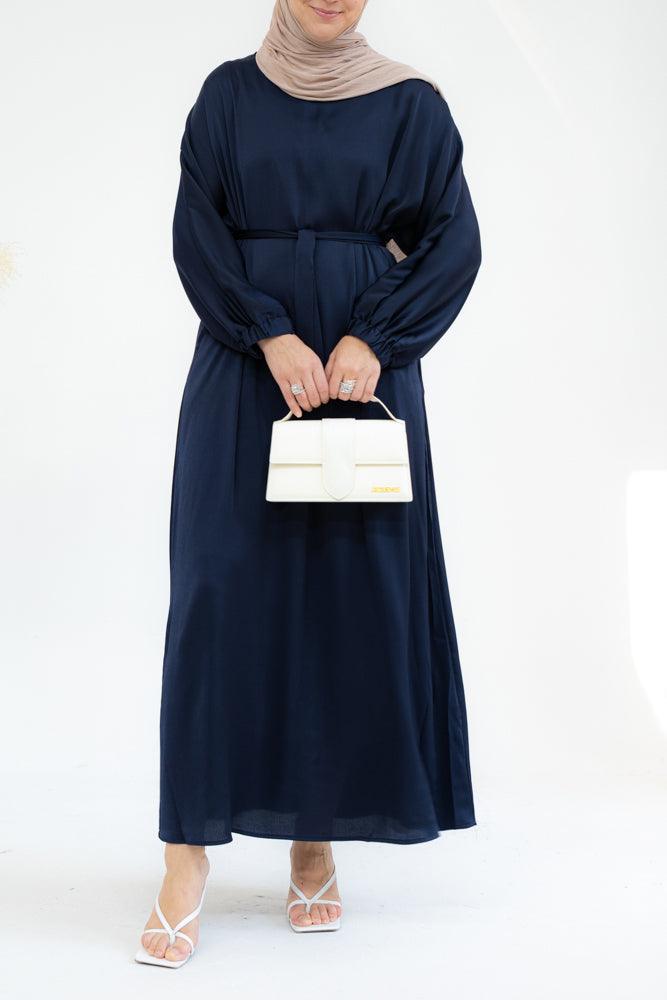 Brontei satin plain abaya dress with long elasticated sleeves and belt in Navy - ANNAH HARIRI
