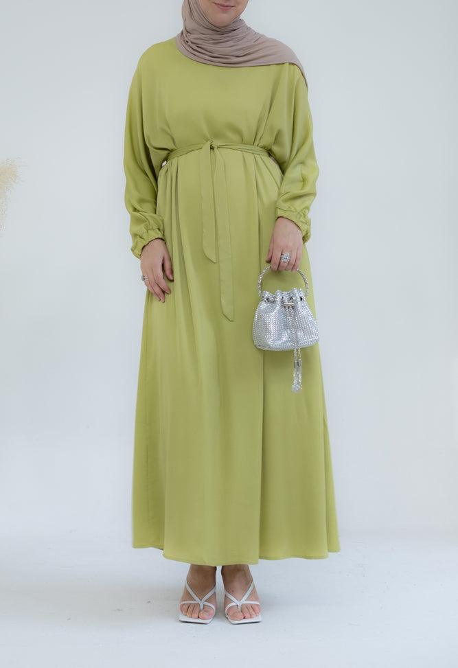 Brontei satin plain abaya dress with long elasticated sleeves and belt in neon - ANNAH HARIRI