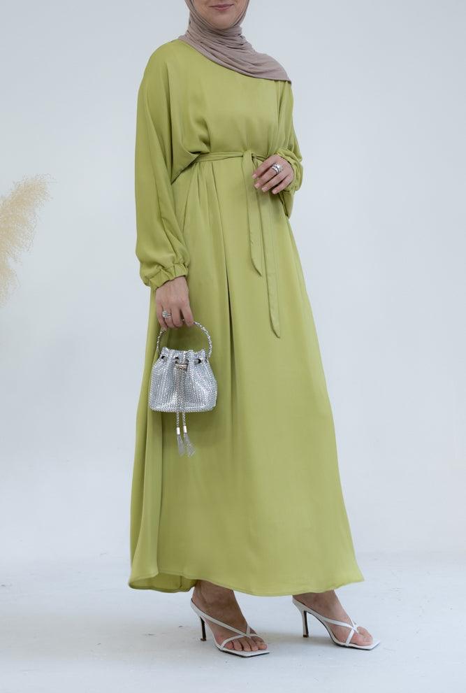 Brontei satin plain abaya dress with long elasticated sleeves and belt in neon - ANNAH HARIRI