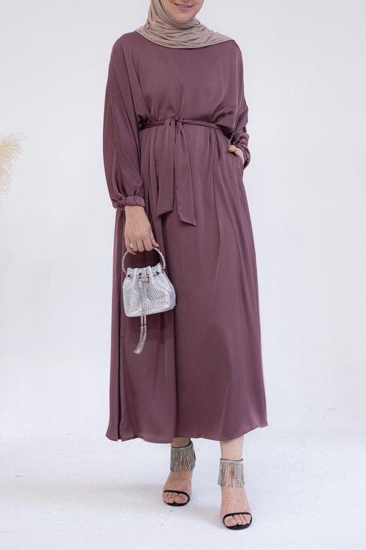 Brontei satin plain abaya dress with long elasticated sleeves and belt in Purple - ANNAH HARIRI