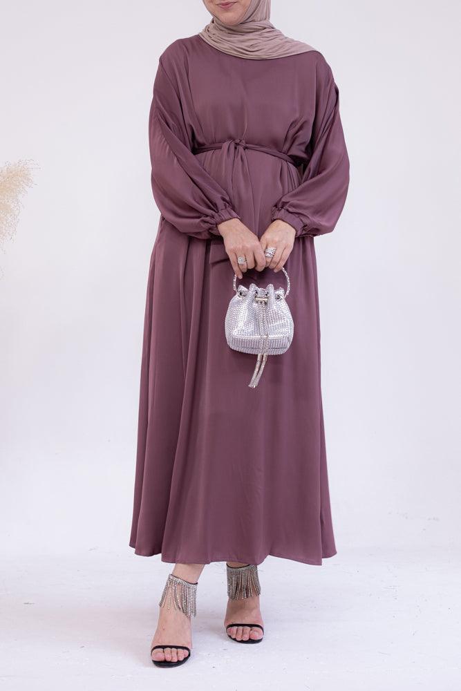 Brontei satin plain abaya dress with long elasticated sleeves and belt in Purple - ANNAH HARIRI