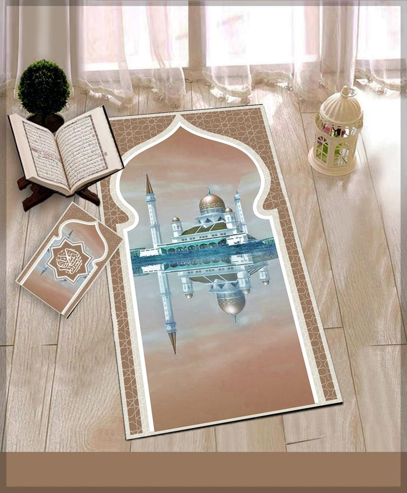 Camii Beige Prayer Rug Muslim Mat Islamic Sajadah for Kids Men Women with Quran Box for Eid Travel Ramadan Soft Luxury Pin - ANNAH HARIRI