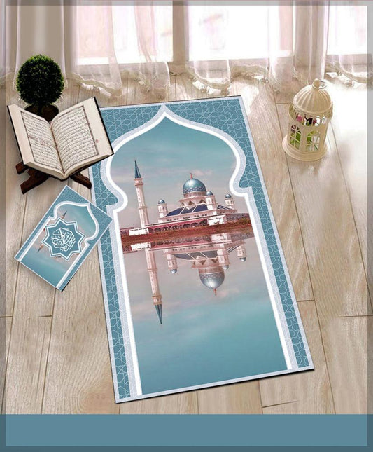 Camii Blue Prayer Rug Muslim Mat Islamic Sajadah for Kids Men Women with Quran Box for Eid Travel Ramadan Soft Luxury Pin - ANNAH HARIRI