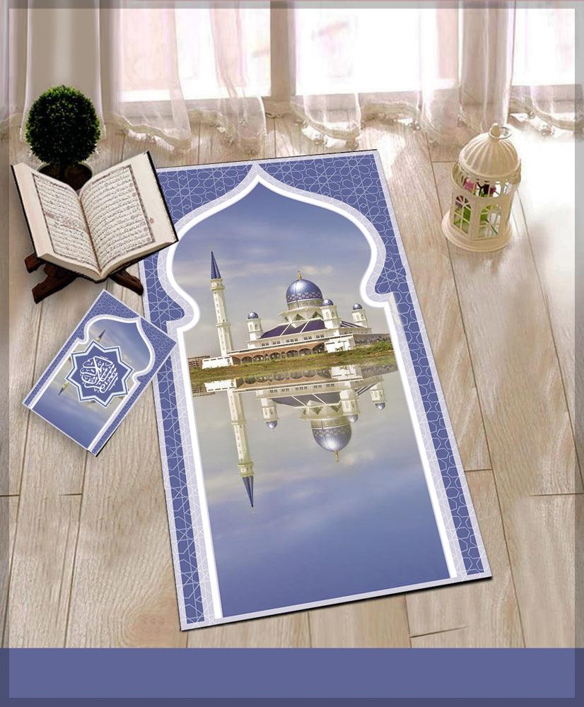 Camii Navy Prayer Rug Muslim Mat Islamic Sajadah for Kids Men Women with Quran Box for Eid Travel Ramadan Soft Luxury Pin - ANNAH HARIRI