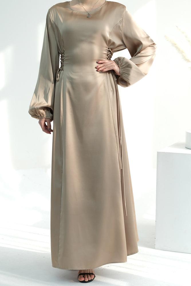 Coraline Lace Up Maxi Dress adjustable waist modest dress in Beige - ANNAH HARIRI