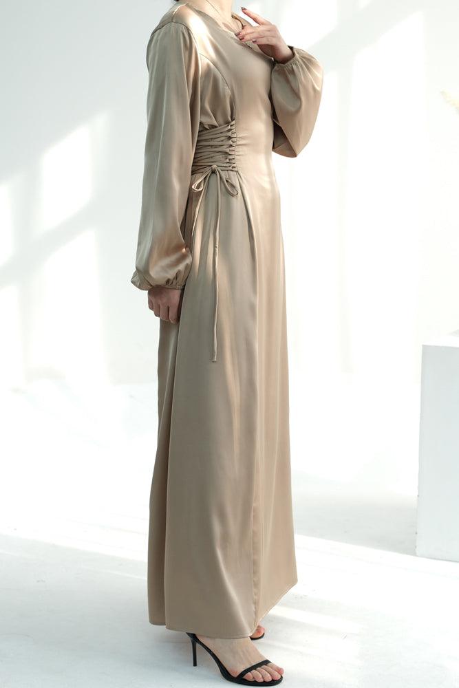Coraline Lace Up Maxi Dress adjustable waist modest dress in Beige - ANNAH HARIRI