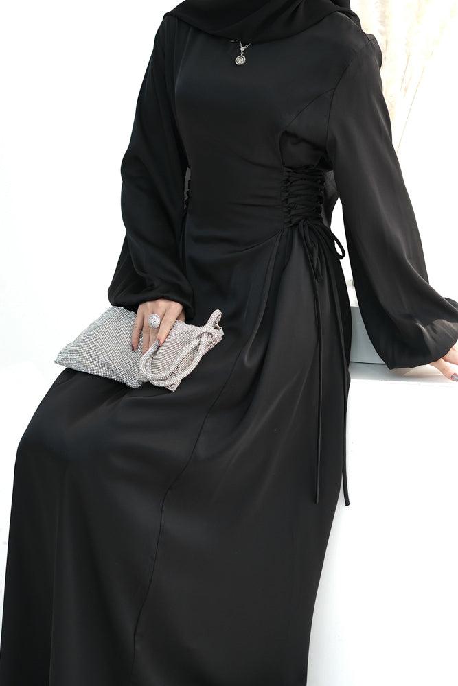 Coraline Lace Up Maxi Dress adjustable waist modest dress in Black - ANNAH HARIRI