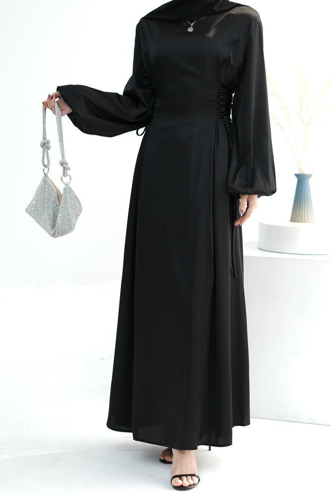 Coraline Lace Up Maxi Dress adjustable waist modest dress in Black - ANNAH HARIRI