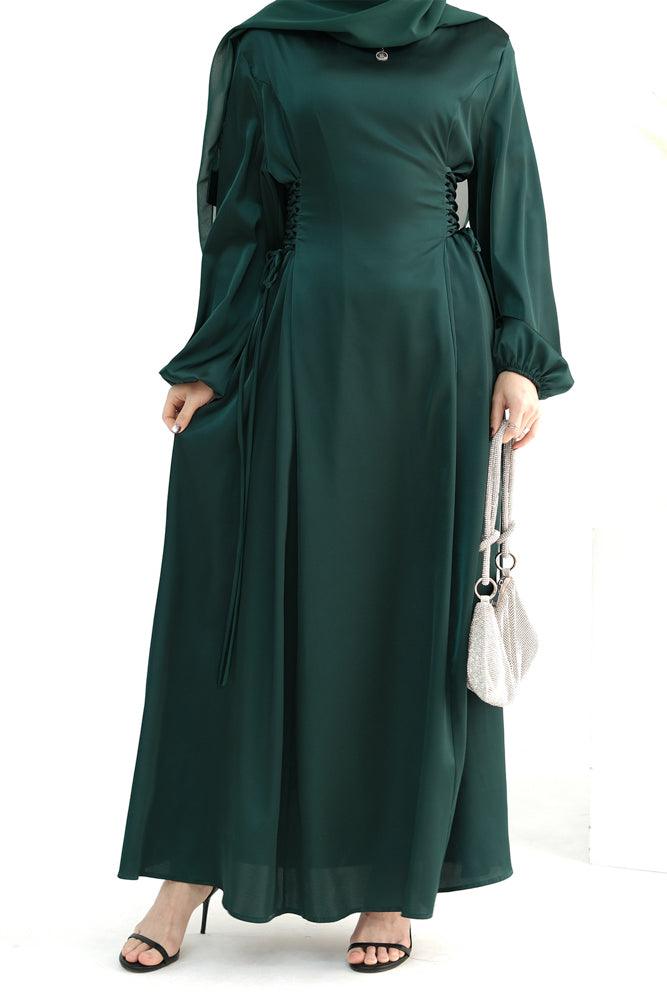 Coraline Lace Up Maxi Dress adjustable waist modest dress in Emerald - ANNAH HARIRI