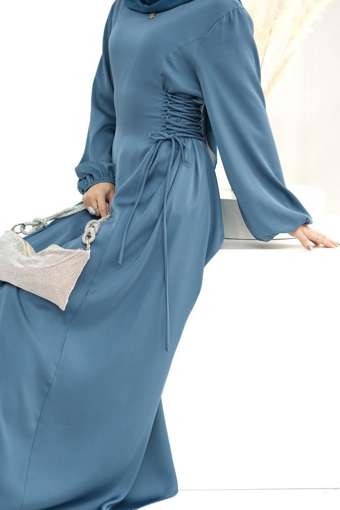 Coraline Lace Up Maxi Dress adjustable waist modest dress in Peacock Blue - ANNAH HARIRI