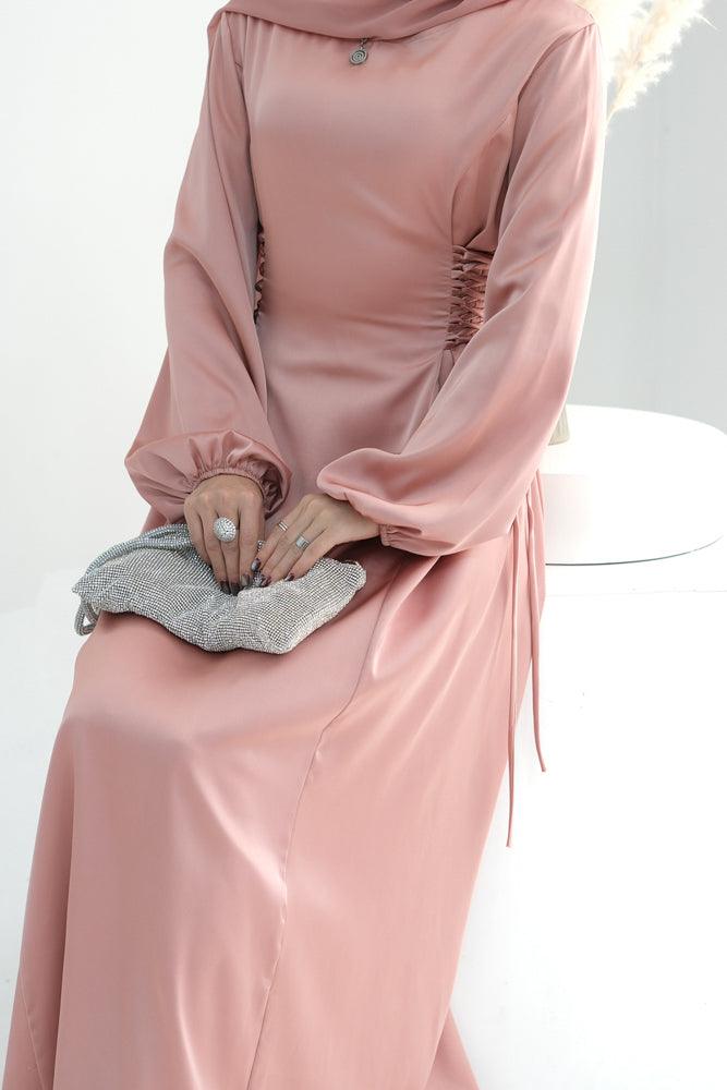 Coraline Lace Up Maxi Dress adjustable waist modest dress in Pink - ANNAH HARIRI