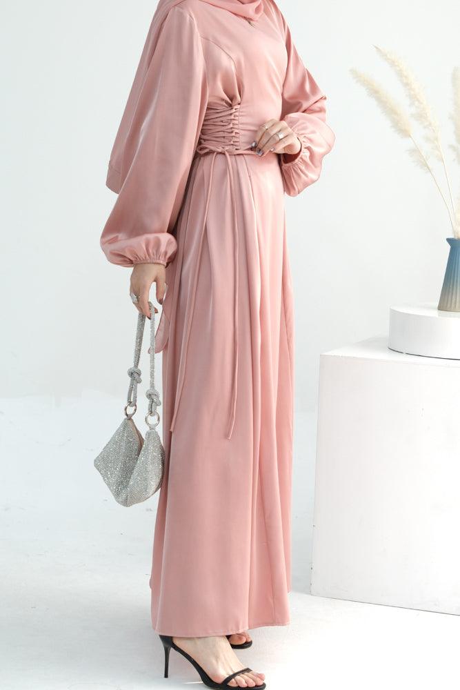 Coraline Lace Up Maxi Dress adjustable waist modest dress in Pink - ANNAH HARIRI