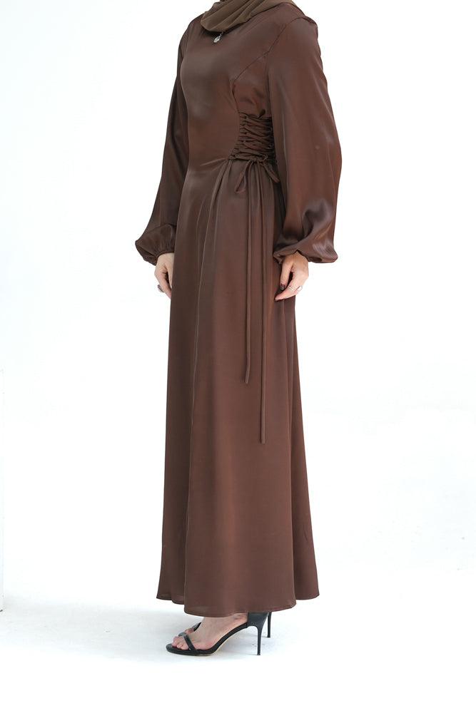 Coraline Lace Up Maxi Dress adjustable waist modest dress in Tan - ANNAH HARIRI