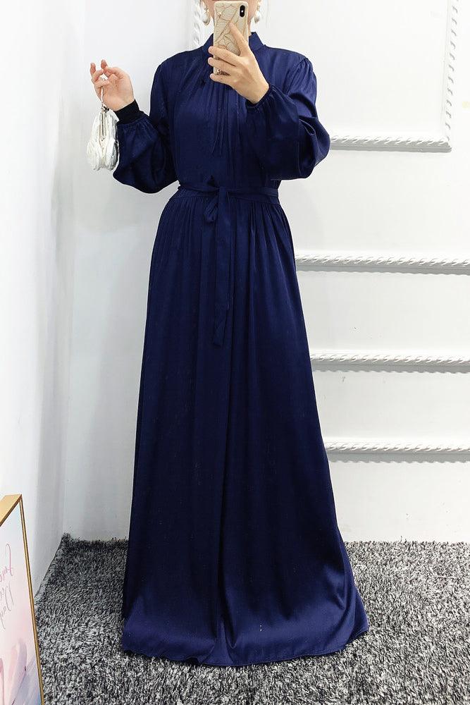 Dark Blue Ansaara maxi satin dress with long sleeves elasticated cuffs and belt - ANNAH HARIRI