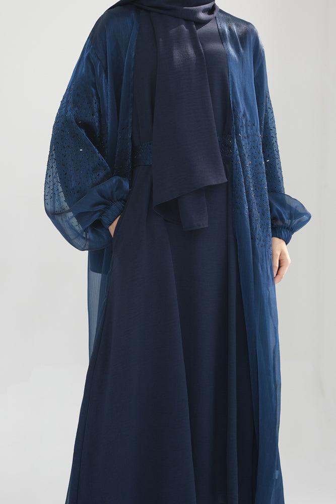 Dark Blue Maret embroidered faux organza open front abaya with a detachable belt - ANNAH HARIRI