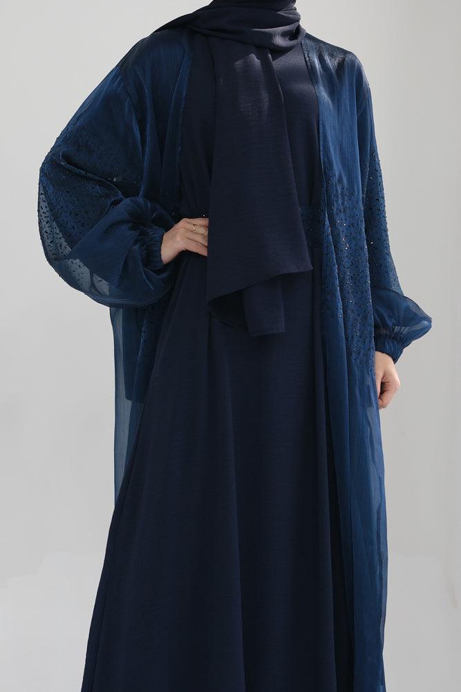 Dark Blue Maret embroidered faux organza open front abaya with a detachable belt - ANNAH HARIRI