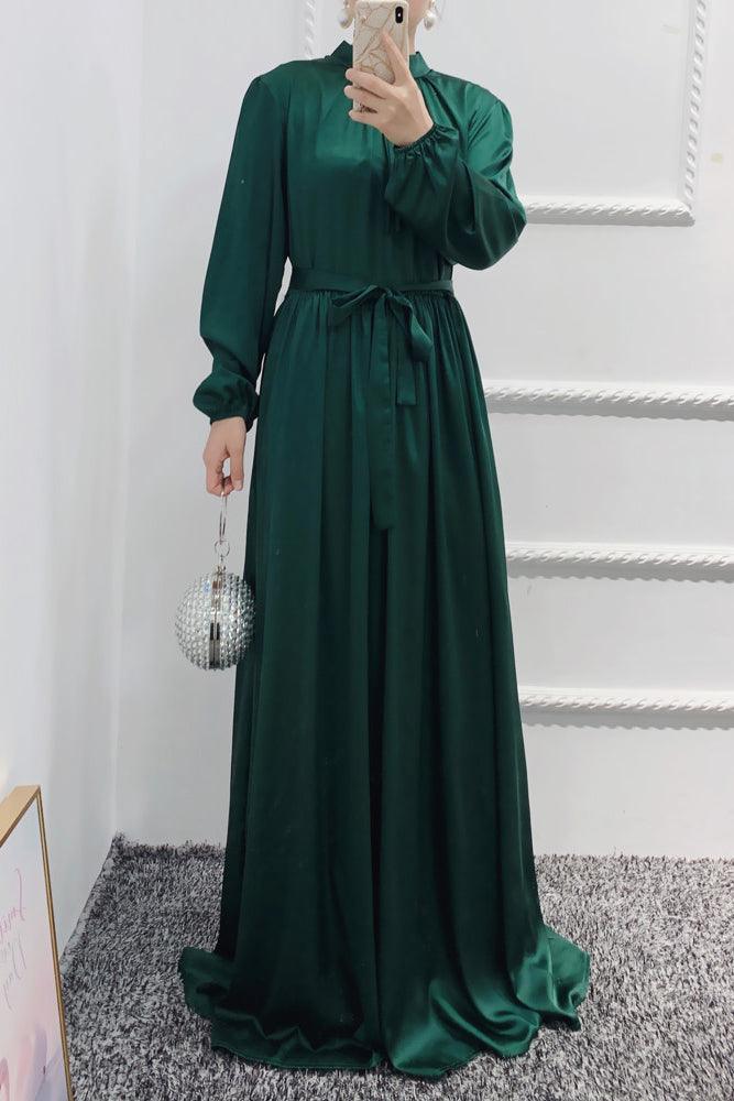 Dark Green Ansaara maxi satin dress with long sleeves elasticated cuffs and belt - ANNAH HARIRI