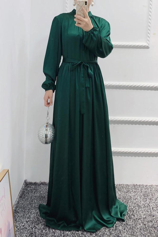 Dark Green Ansaara maxi satin dress with long sleeves elasticated cuffs and belt - ANNAH HARIRI