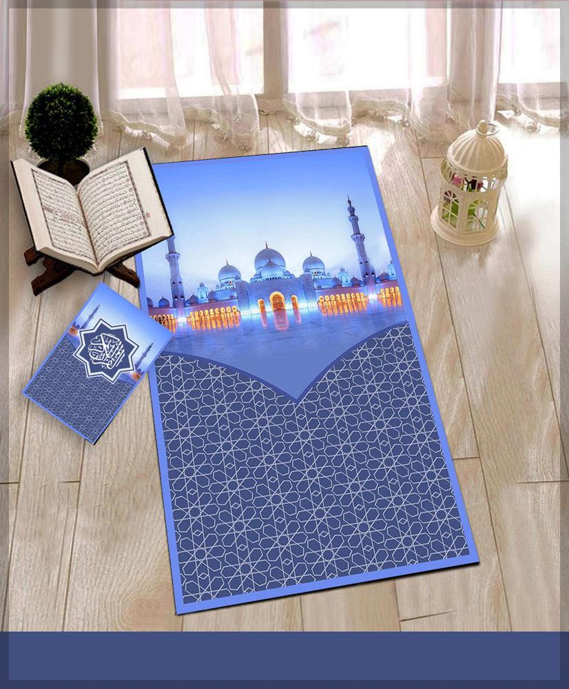 Dhabi Blue Prayer Rug Muslim Mat Islamic Sajadah for Kids Men Women with Quran Box for Eid Travel Ramadan Soft Luxury Pin - ANNAH HARIRI