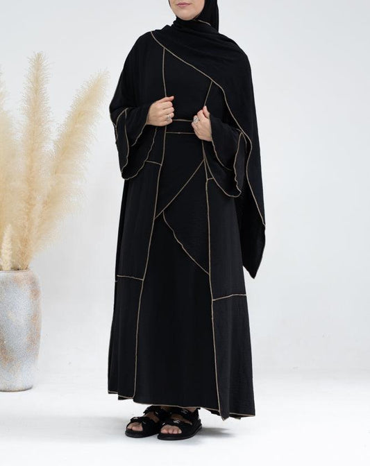 Eliza 4 piece abaya set with slip dress, abaya cape, apron with matching scarf in black with contrast overlock stitching in brown - ANNAH HARIRI