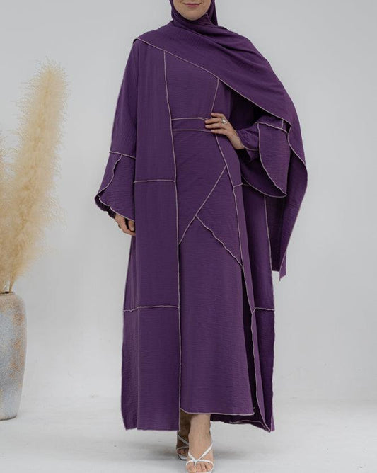 Eliza 4 piece abaya set with slip dress, abaya cape, apron with matching scarf in purple with contrast overlock stitching in beige - ANNAH HARIRI