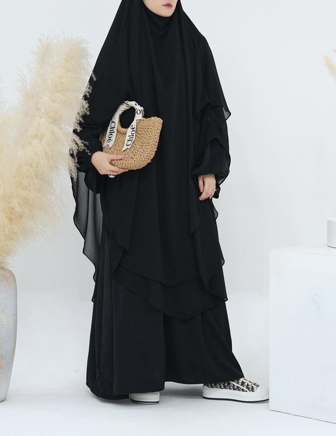 Extra Long Marziya Black two layer chiffon khimar hijab niqab for prayer omrah ramadan - ANNAH HARIRI