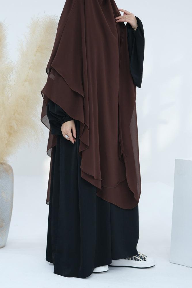 Extra Long Marziya Brown two layer chiffon khimar hijab niqab for prayer omrah ramadan - ANNAH HARIRI