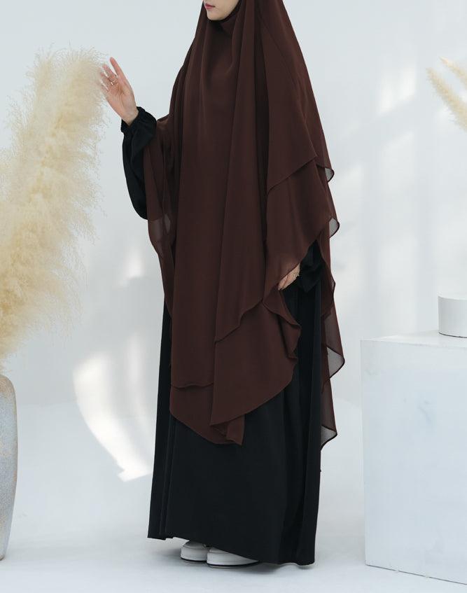 Extra Long Marziya Brown two layer chiffon khimar hijab niqab for prayer omrah ramadan - ANNAH HARIRI