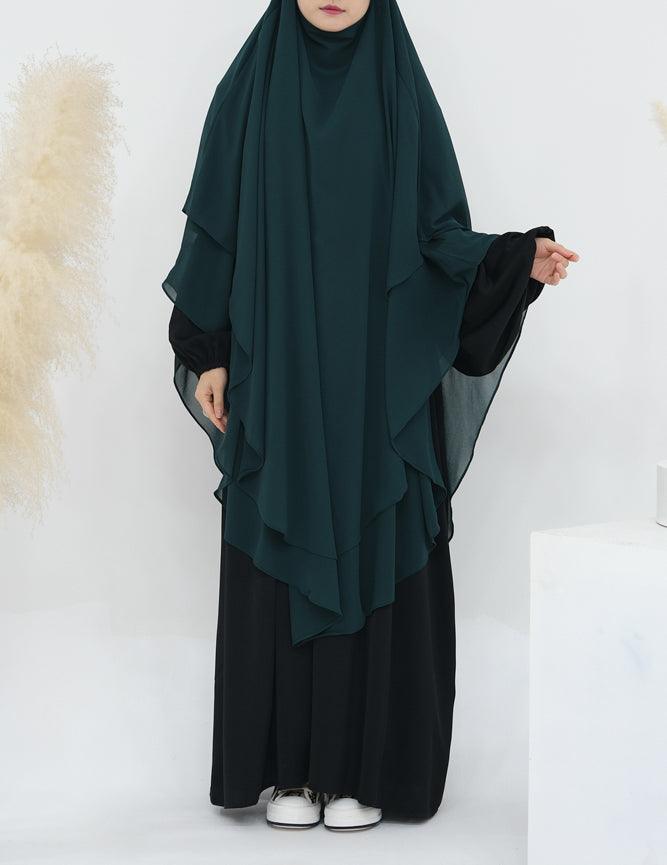 Extra Long Marziya Dark Green two layer chiffon khimar hijab niqab for prayer omrah ramadan - ANNAH HARIRI