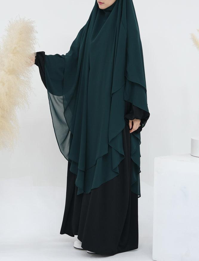 Extra Long Marziya Dark Green two layer chiffon khimar hijab niqab for prayer omrah ramadan - ANNAH HARIRI