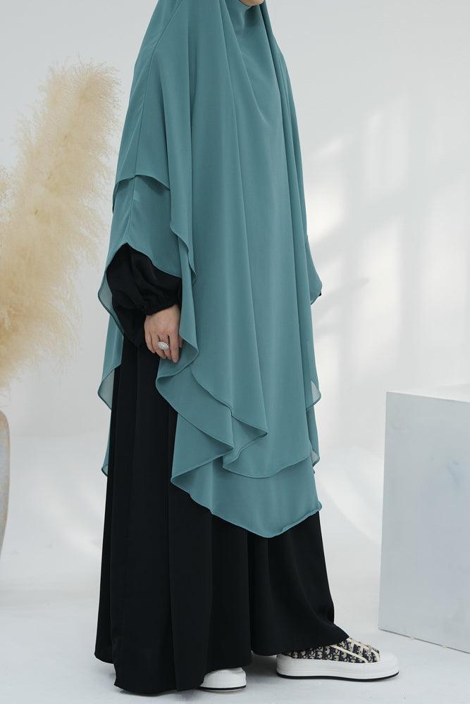 Extra Long Marziya Gray Blue two layer chiffon khimar hijab niqab for prayer omrah ramadan - ANNAH HARIRI